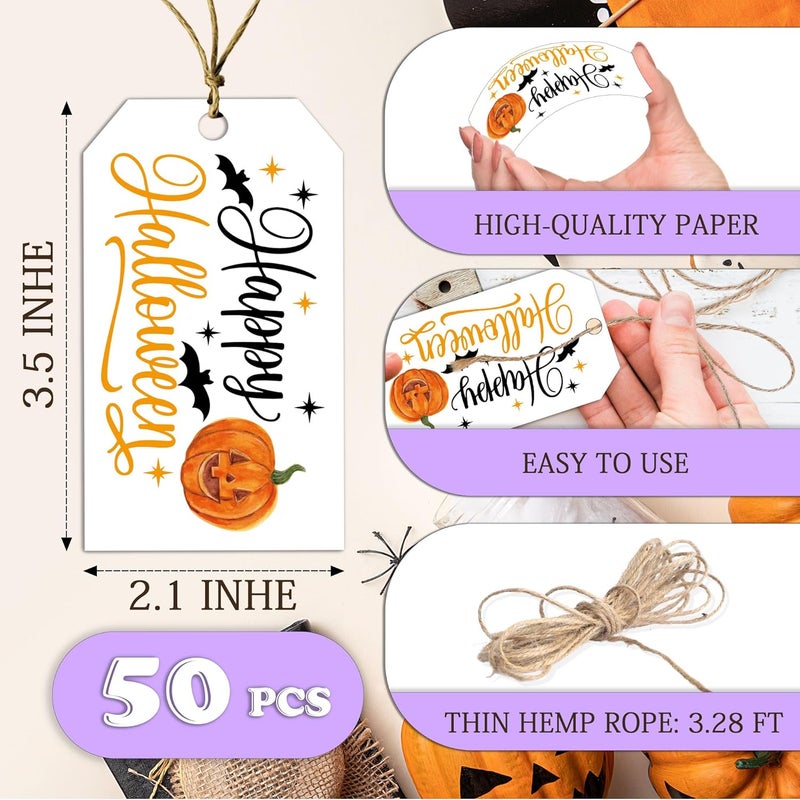 RPLCSPC Halloween Paper Gift Tags with String-50Pcs, Happy Halloween Cute Pumpkin Tags for Goodie Bags, 2 x 3.5 Inch Waterproof Hanging Labels for Decoration Party Supplies, Gift Wrapping, DIY Crafts-B03 - Image 2